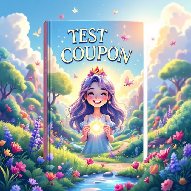 A vibrant and whimsical illustration of a magical landscape filled with lush greenery, sparkling streams, and fantastical creatures like fairies and unicorns. In the foreground, a joyful character holding a glowing coupon with a radiant smile and sparkling eyes. The background features a clear blue sky with radiant sunshine peeking through fluffy clouds.