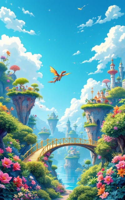 A brightly colored, whimsical landscape featuring floating islands in a clear blue sky, dotted with cheerful, vibrant flora and fauna. A golden bridge connects the islands, symbolizing adventure. The scene is infused with a magical glow, with a playful dragon soaring joyfully in the distance.