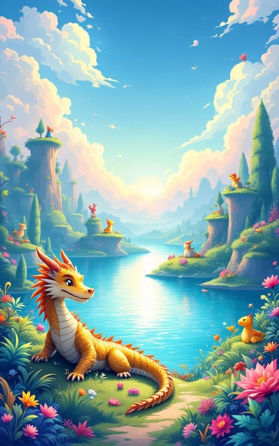 A vibrant and whimsical illustration showing a magical landscape with floating islands, colorful plants, and mythical creatures. A large, friendly dragon lounges in the foreground beside a shimmering lake that reflects a rainbow-lit sky.