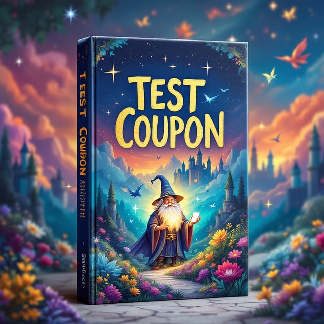 A whimsical and colorful landscape featuring a radiant sunset sky filled with floating castles and soaring mythical creatures like dragons and griffins. The foreground includes a cheerful character who appears to be a wizard holding a glowing coupon, surrounded by enchanted flora and magical sparkles, all adding a touch of fantasy and wonder.