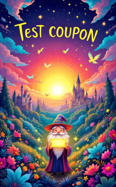 A whimsical and colorful landscape featuring a radiant sunset sky filled with floating castles and soaring mythical creatures like dragons and griffins. The foreground includes a cheerful character who appears to be a wizard holding a glowing coupon, surrounded by enchanted flora and magical sparkles, all adding a touch of fantasy and wonder.