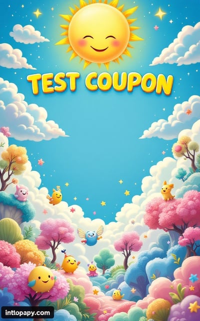 detailed plain book cover with title "TEST COUPON". A vibrant, whimsical scene with a fantasy landscape featuring colorful, floating islands and smiling creatures drifting amidst fluffy, cotton-candy-like clouds. The sky is a bright, welcoming blue, and there are hints of sparkles and magic dust floating in the atmosphere. A large, happy sun with a cartoonish face beams downwards, casting a warm and inviting glow over the entire scene. Playful, rounded fonts with a touch of magical flair; the text is bright yellow and outlined in white to ensure it stands out against the background., The book title "TEST COUPON" is placed centrally at the top, arched slightly to follow the curvature of the sun. Below the title, more fantastical elements like flying creatures and whimsical trees fill the middle, creating a lively focus point. The bottom is left open, allowing the scene to breathe. The area where the author's name typically appears should be left completely blank, with no text or placeholder.