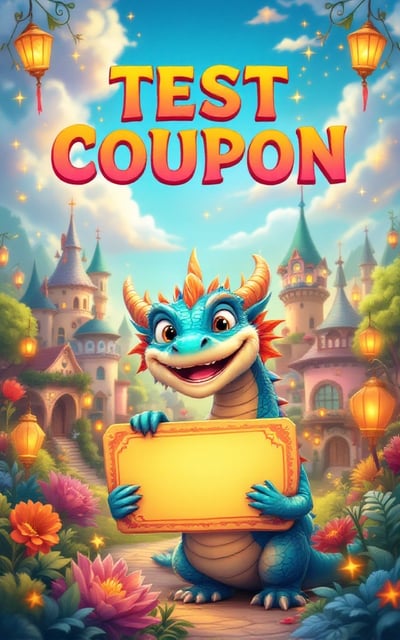 A vibrant, magical landscape featuring a lively, colorful fantasy village set against a bright sky. The village has whimsical houses and towers with intricate designs. In the foreground, a smiling dragon with iridescent scales is playfully holding a large, glowing coupon. Surrounding the scene are enchanting elements like sparkling stars and floating lanterns, creating a joyous atmosphere.