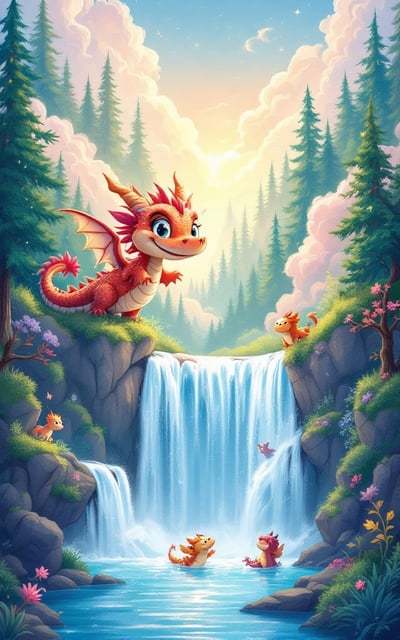 The cover features a vibrant and whimsical illustration of a magical landscape with a towering enchanted forest in the background. A cheerful dragon with sparkling scales hovers playfully over a cascading waterfall, where mythical creatures frolic in the clear waters. Bright, swirling clouds in various shades of pastel create a joyful, dreamlike atmosphere.