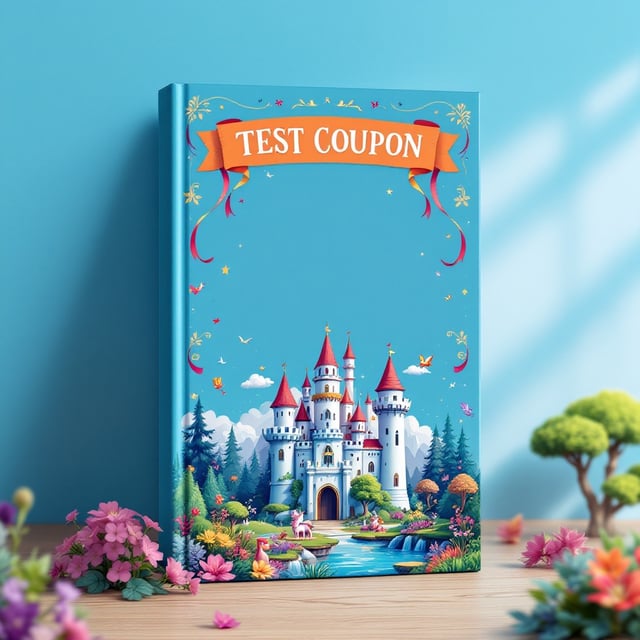 A whimsical castle surrounded by vibrant, enchanted forests under a clear blue sky. Floating islands with waterfalls and mythical creatures like dragons and unicorns add a magical touch. The castle is adorned with banners displaying vivid colors and symbols suggesting a kingdom filled with joy and wonder.
