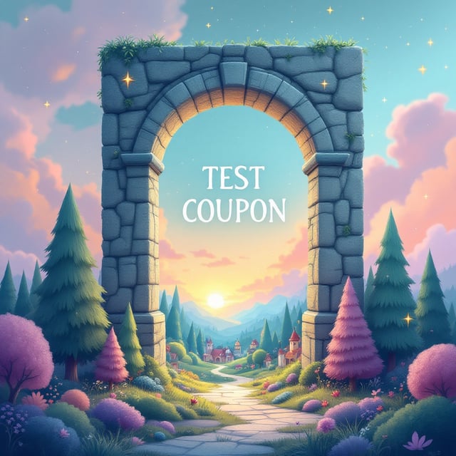 A whimsical landscape with a vibrant fantasy village nestled among enchanted trees and magical creatures. The sky is a blend of pastel colors, giving a sense of dawn or dusk, and sparkling stars are scattered throughout. A large, mysterious stone archway serves as the focal point, hinting at the entrance to another world.