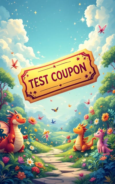 A vibrant and whimsical landscape featuring a large, colorful, enchanted coupon floating in the air, surrounded by playful fantasy creatures like fairies and friendly dragons, under a bright, cheerful sky. The background is filled with lush greenery and sparkling magical elements that convey a sense of wonder and happiness.
