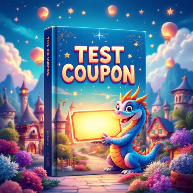 A vibrant, magical landscape featuring a lively, colorful fantasy village set against a bright sky. The village has whimsical houses and towers with intricate designs. In the foreground, a smiling dragon with iridescent scales is playfully holding a large, glowing coupon. Surrounding the scene are enchanting elements like sparkling stars and floating lanterns, creating a joyous atmosphere.