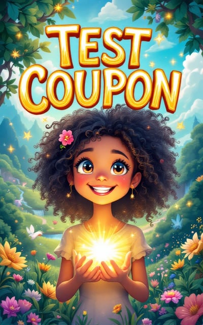 A vibrant and whimsical illustration of a magical landscape filled with lush greenery, sparkling streams, and fantastical creatures like fairies and unicorns. In the foreground, a joyful character holding a glowing coupon with a radiant smile and sparkling eyes. The background features a clear blue sky with radiant sunshine peeking through fluffy clouds.