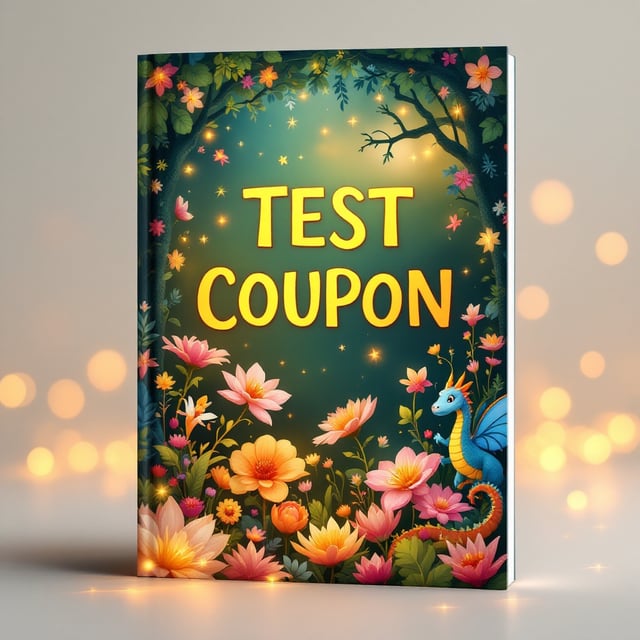 A vibrant, enchanted forest scene fills the cover, featuring colorful, oversized flowers and whimsical creatures like fairies and friendly dragons. The background glows softly with a golden light, creating a magical, inviting atmosphere. Bright, swirling lights join the enchanting elements, forming a semi-circular border around the book title.