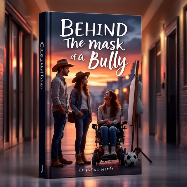 A hallway scene of Clover Corner High School at dusk with a warm, sunset glow. In the foreground, Mia stands with a scowl, wearing a cowgirl hat. Betsy is seated in a motorized wheelchair beside her, looking up with a reflective smile. Near them, a soccer ball rests beside a canvas leaning against a dress mannequin, symbolizing their hidden talents and personalities.