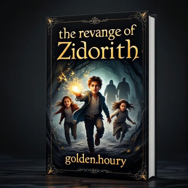 Three boys and two girls are depicted running through a dark, mysterious realm, their expressions displaying a mix of courage, fear, and sadness. A magical, golden light emanates from the hand of one of the boys, casting dynamic shadows and revealing the foreboding silhouettes of three old men lurking in the background.