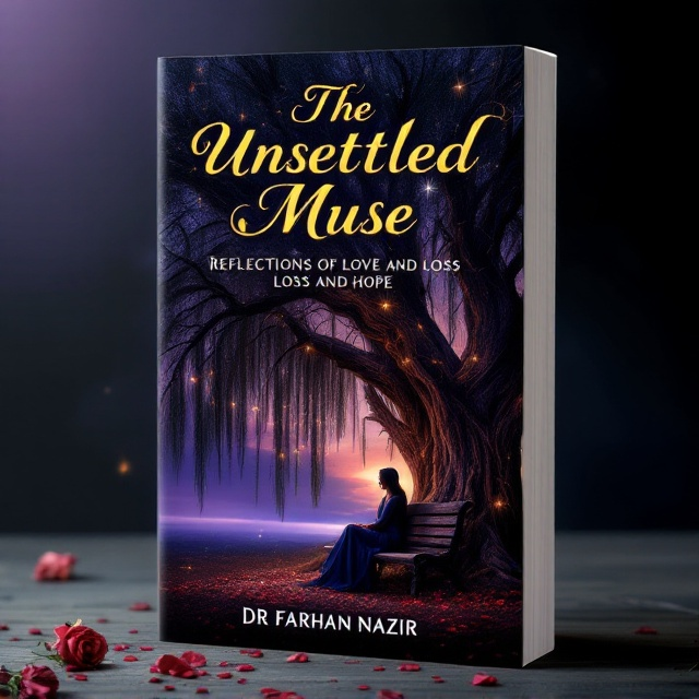A solitary figure of a woman sitting on an ancient, weathered bench under a massive willow tree with its long, drooping branches. The background transitions softly from twilight hues of purple and pink merging into deep blue at the top, symbolizing love fading into sadness. Scattered petals from nearby roses lie on the ground, with one significantly wilted rose placed near the figure. Thin, delicate strings of light swirl gently across the cover, signifying hope amidst loss.