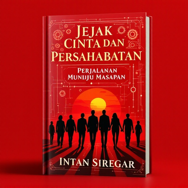 A vivid red background with subtle geometric patterns mimicking technical blueprints. At the center, an abstract illustration of 11 silhouettes walking together, symbolizing friendship and teamwork, with a faint overlay of intricate gears and machinery in the background. In the foreground, two of the silhouettes stand closer together, symbolizing the romance aspect of the story, with a sunset glow connecting them. Small dotted lines traverse across the background, connecting the gears to signify both the journey and connection of characters.