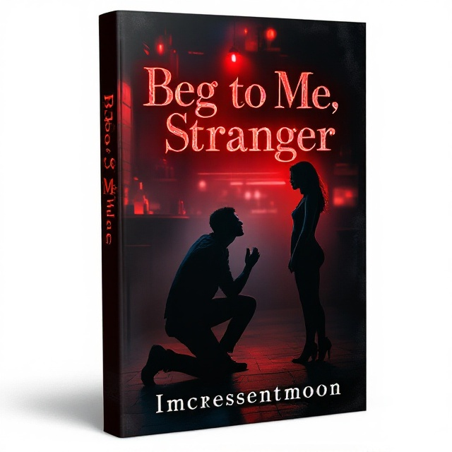 The cover features a dimly lit, atmospheric bar scene. The background showcases a smoky, warm glow of red neon bar lights, casting shadows across the scene. In the foreground are two characters, a man and a woman, both with silhouettes and vague facial details, adding mystery. The man is kneeling on one knee, gazing up desperately at the woman. The woman, standing with her back slightly turned towards the viewer, has a conflicted expression of longing and hesitation. High-contrast colors are used to give prominence to the figures, with black shadows and red highlights dominating the composition.