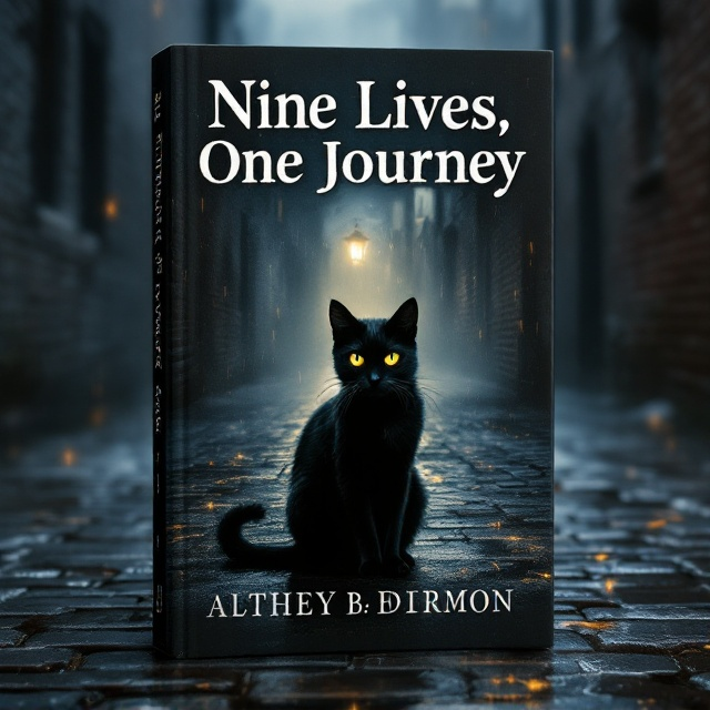 A sleek black cat with piercing yellow eyes is crouched at the center of the cover, illuminated slightly by a faint, eerie light. It sits in the middle of a dark, rain-slicked cobblestone alleyway with faintly visible brick walls adorned with shadowy shapes and cracked textures. A soft mist lingers in the background, and faint streaks of rain and glistening water puddles add to the mysterious vibe.
