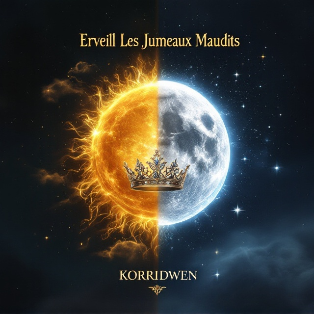 A split, vertical composition showing the opposition of the sun and the moon. On the left side, a golden, radiant sun casts glowing beams, with faint clouds forming intricate shapes. On the right side, a silvery, cold moon glimmers against a dark, star-filled sky. Between them, a regal crown, metallic and jewel-encrusted, is situated at the apex, blending elements of both celestial bodies into its design. Faint wisps of magic or smoke swirl around the objects. The background fades into a gradient of twilight hues, smoothly bridging both sides of the split.