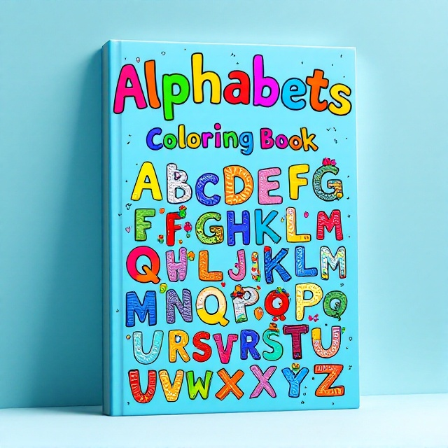 Bright, colorful illustrations of each alphabet letter, from A to Z, are scattered playfully across the cover. Each letter is filled with whimsical patterns and designs that invite coloring. The background is a cheerful sky blue with subtle doodle patterns, enhancing the playful theme.