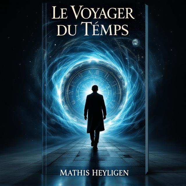 A striking image of a figure stepping through a shimmering portal in the center of the cover. The portal, resembling a vortex, swirls with hues of blue and black, emanating mystery and adventure. The protagonist's silhouette is partially illuminated, drawing attention to the antique watch gleaming on their wrist, signifying time travel. The background is a subtly layered mix of historical landscapes and clocks fading into the darkness.