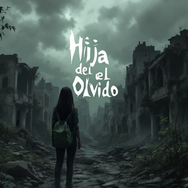 A dark, desaturated backdrop of a ruined city with crumbled buildings and a mix of overgrown vegetation creeping into the concrete structures. A cloudy, ominous sky filled with gray and muted green hues looms overhead. In the foreground, the silhouette of a 17-year-old girl with long, straight black hair stands slightly off-center, her back facing the viewer. The girl wears a tattered outfit and clutches a green, worn-looking backpack. The city is bathed in dim, eerie lighting with subtle streaks of light breaking through holes in the clouds, creating a dramatic and mysterious tension.