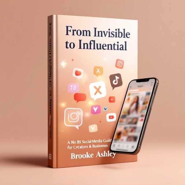 Social media icons (Instagram, TikTok, X, YouTube) as vibrant notification bubbles float across a warm, neutral gradient background transitioning from soft beige to blush and caramel. A sleek smartphone is angled on the right side, with its screen displaying a blurred social feed. The dynamic look is enhanced with subtle light streaks, suggesting motion and engagement. The book title is prominently situated in the upper third of the cover, enhanced with a glow effect to stand out but maintain an inviting warmth.