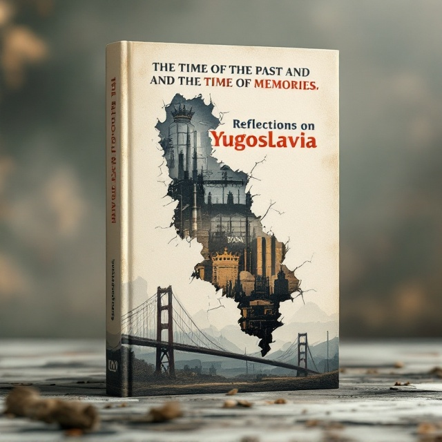 A central fragmented silhouette of Yugoslavia, positioned prominently at the center of the cover. The silhouette is partially torn, revealing layers underneath that reflect royal heritage through a stylized Karađorđević crown and socialist era through minimalist industrial motifs. These elements are intertwined subtly within the silhouette. In the background, a bridge is depicted in a soft, shadowy outline, symbolizing connection and transition. The overall design features bold shapes and crisp lines with a modern graphic appeal, using a warm, muted color palette of rust reds, faded blues, and sepias to evoke nostalgia.