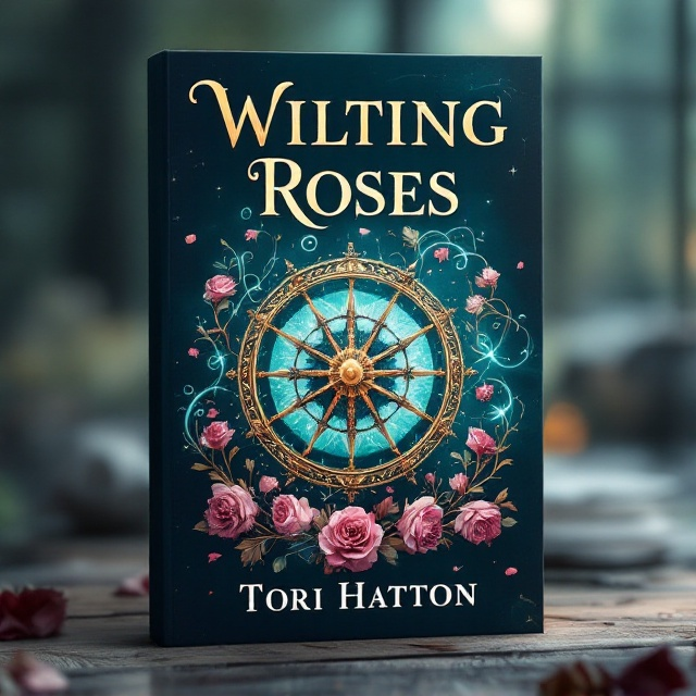 A central, intricately detailed spinning wheel takes the spotlight at the center of the cover, surrounded by a halo of wilted roses gradually turning into petals. Sea green wisps of energy weave through the wheel and roses, giving an ethereal glow to the overall scene. The background is a soft, dreamy blur of twilight hues, enhancing the magical essence.