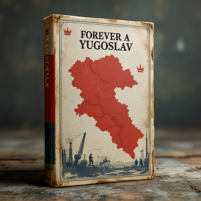 A partially torn, faded map of the former Yugoslavia as the central element, with subtle imagery of a crown in the upper left corner and faint industrial worker graphics in the lower right. The cover uses warm, muted colours like rust red, faded blue, and sepia tones. The overall style combines a classic propaganda poster feel with modern minimalist design elements that suggest both nostalgia and a sense of historical narrative.