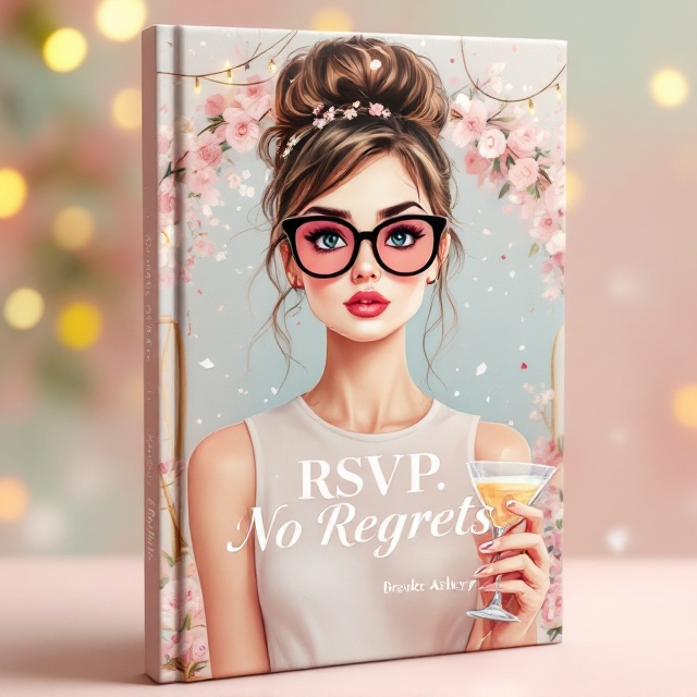The cover presents an illustrated portrait of a stylish young woman with big, iconic sunglasses, capturing an Audrey Hepburn vibe. She wears a confident and slightly exasperated expression, holding a wedding invitation in her left hand and a dainty cocktail glass in the other. Her hair is styled in an elegant updo. The background is a soft blend of pastel colors, integrating blush pink, muted blues, and creams. Festive confetti lightly cascades in the backdrop, with hints of string lights and a floral arch subtly etched into the scene.