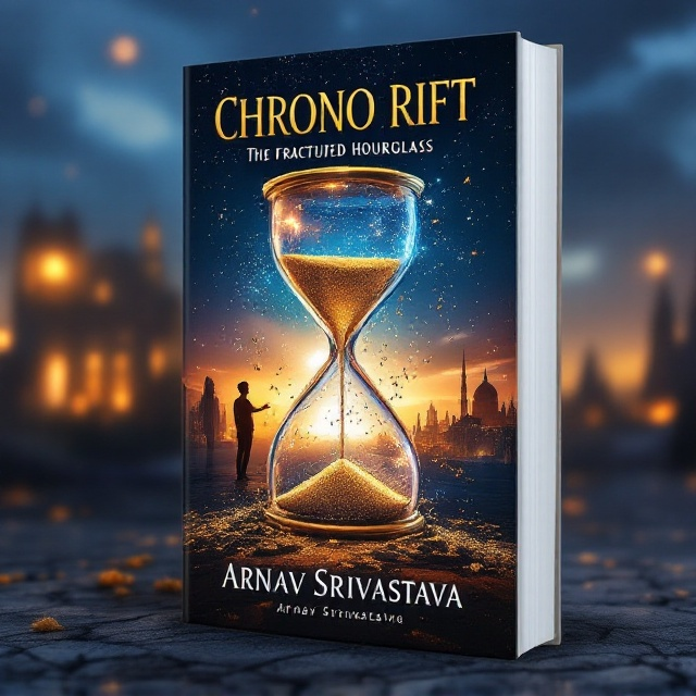 A large, fractured hourglass is positioned centrally, appearing as if it's caught mid-motion. The sand spills through the hourglass cracks, with grains floating mid-air, creating an ethereal ambiance. The silhouette of Alex is to the left, gazing upwards with light illuminating his outline. Wisps of energy swirl around him and the hourglass. The sky transitions from deep blue to warm gold, with historic and futuristic structures fading into the background.