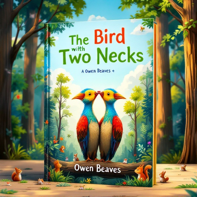 The cover depicts a vibrant forest scene with tall, lush trees. In the center, a whimsical bird with two necks, each adorned with colorful feathers, is perched on a branch. The background is a serene blue sky with fluffy clouds. Small woodland creatures like squirrels and rabbits peek through the foliage, adding charm and whimsy. The overall mood is cheerful and inviting.