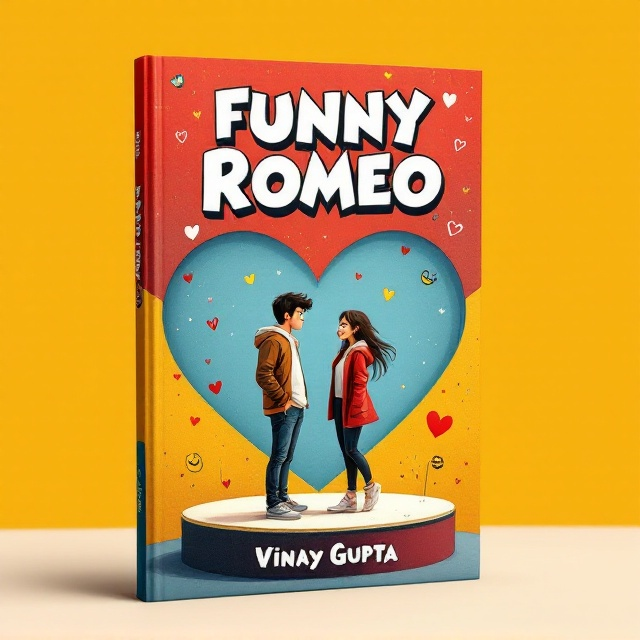 standing book mockup, Its title is "Funny Romeo ". Its author name is Vinay Gupta .  The cover features a cartoonish illustration of a young couple standing close together. "Funny Romeo," depicted with a wide, cheeky grin as he leans towards his giggling girlfriend. The background is a dynamic blend of red, blue, and yellow, with flirty doodles like hearts and humorous facial expressions scattered across. The couple stands on a stylized large heart-shaped stage at the center of the cover. The title, "Funny Romeo," is bold and playful in a quirky sans-serif font, with slight wave effects to induce a whimsical feel. The author's name, Vinay Gupta, is in a sleek, modern serif font at the bottom, contrasting subtly with the book title while remaining legible., The central illustration dominates the cover, with the title arching above the couple. The author's name is placed below the illustration. Doodles and color elements artfully fill in the background, ensuring balance without cluttering the design.