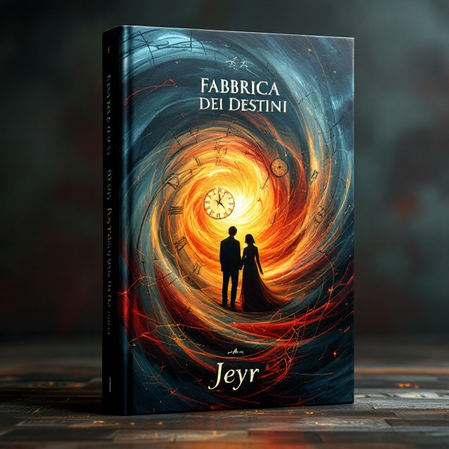 The cover features a swirling vortex of colors—a blend of anthracite steel, antique copper, and crimson—symbolizing the complex interplay of fate and time. Emerging from this vortex are silhouettes of intertwined figures, suggesting the intense emotions of family bonds, obsession, and passion. The background holds faint outlines of ancient clocks, hinting at the veil of time and the narratives within.