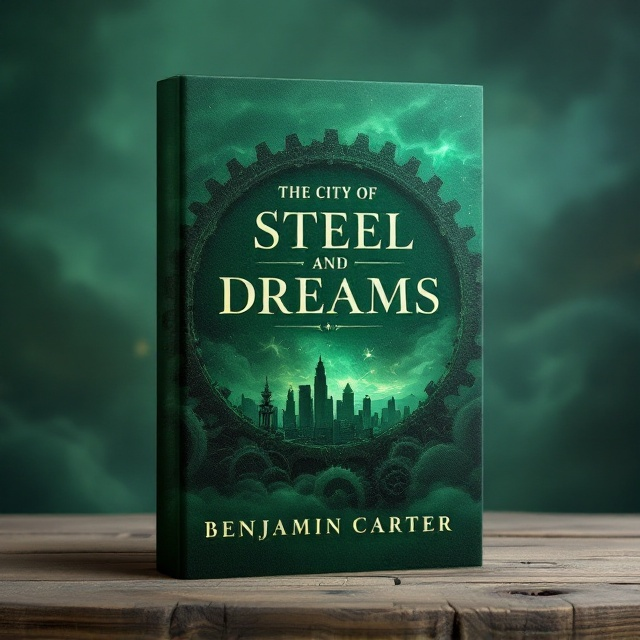 The cover features interlocking cog wheels subtly forming the silhouette of a bustling city skyline, against a backdrop of swirling, ethereal clouds. The artwork is set in a deep, dark emerald green hue, invoking a sense of mystery and sophistication. The clouds are tinged with a metallic sheen, hinting at the integration of technology and dreams, capturing both historic and futuristic elements of the story.