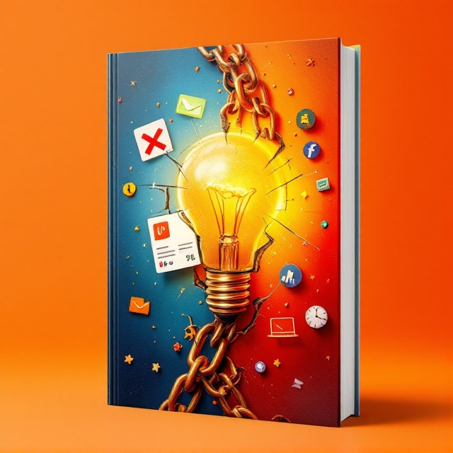 A vivid cover featuring a golden light bulb in the top right, casting a warm glow onto a cracked work ID card on the left with a red "X". Broken chains ripple across the bottom transforming into various entrepreneurial icons like a laptop, delivery bike, and rising graph motif on the right. The background seamlessly transitions in gradient from a steely blue on the left to a vibrant orange on the right.