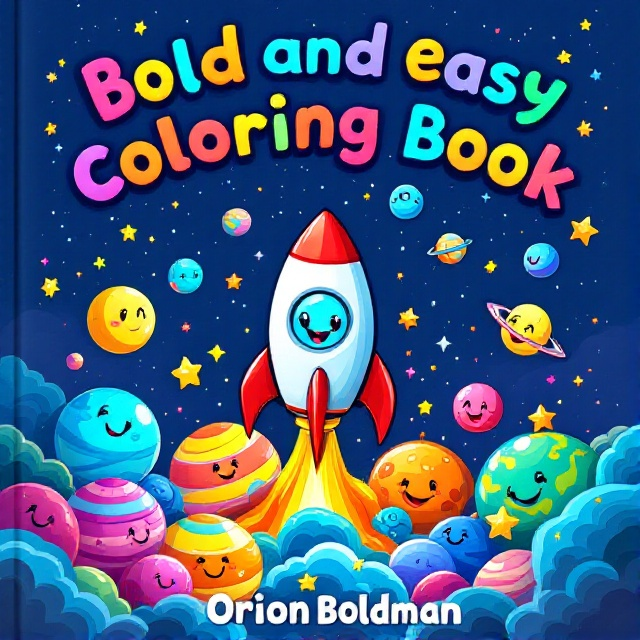 A vibrant cover featuring a large, smiling cartoon rocket bursting through a cluster of colorful planets, all with happy, animated faces. Surrounding them are sparkling stars and a playful moon winking. In the background, a whimsical galaxy swirl.