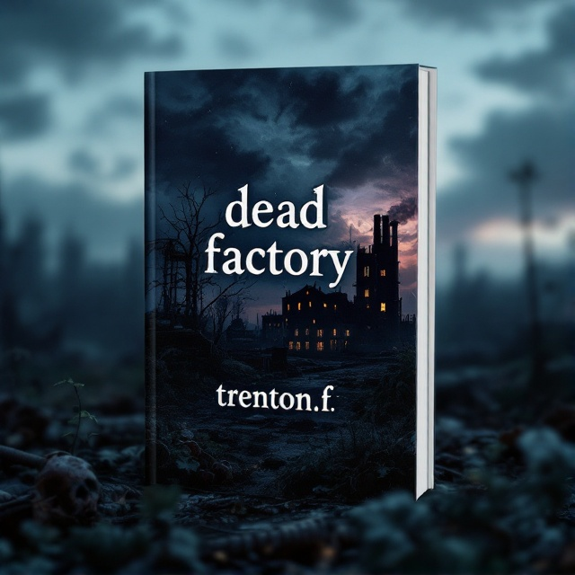 The cover features a dark, ominous factory silhouette against a twilight sky. The factory's windows are either broken or illuminated with a dim, haunting light, casting eerie shadows. The foreground showcases overgrown foliage and rusting machinery parts, hinting at desolation. The colors are muted and cold, with a palette of grays, deep blues, and purples.