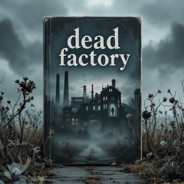 The cover features a desolate, dilapidated factory set against a gloomy, overcast sky. Shadows of skeletal machinery loom in the background, and the foreground displays a path of wilting, colorless flowers leading towards the factory. A faded, ghostly figure can be faintly seen watching from one of the factory's shattered windows. The overall color palette is grayscale with hints of deep blue and muted sepia tones, enhancing the somber atmosphere.