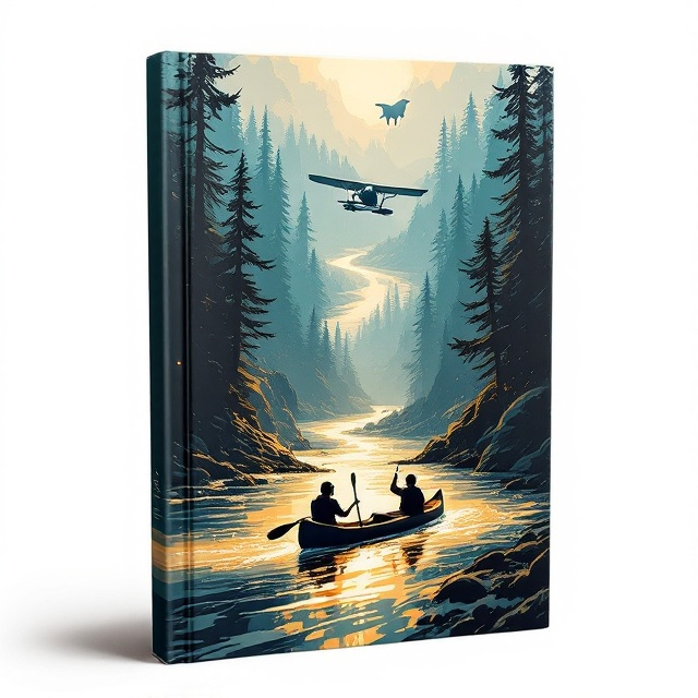 The cover features an action-packed illustration of a rugged wilderness scene with a river coursing through dense forest, punctuated with a splash of sunlight filtering through the treetops. In the foreground, a silhouette of a canoe with two adventurers paddling furiously captures motion and excitement. A float plane is soaring above, adding to the thrill, while faint hints of gold sparkle in the water. A subtle graphic of a three-legged polar bear is incorporated as a whimsical twist, creating intrigue.