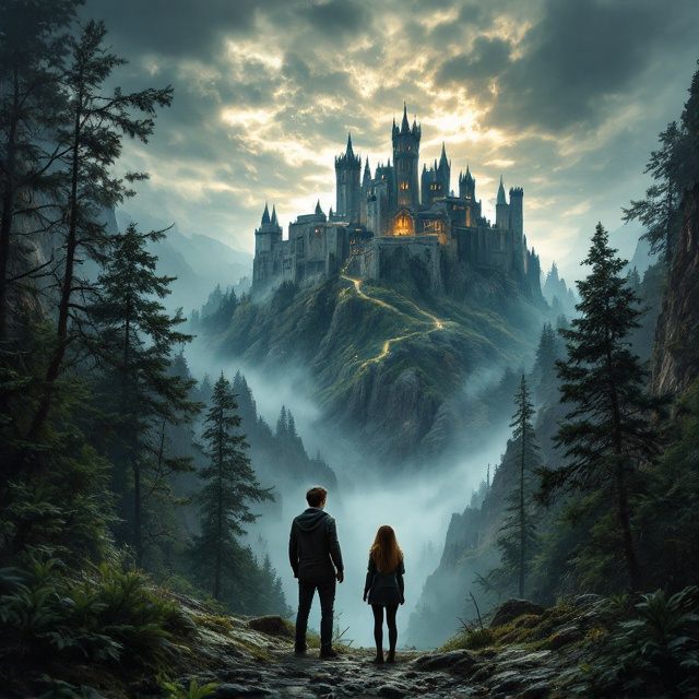 The cover features a dramatic scene where the teenage boy and girl are positioned prominently in the foreground, facing towards the distant castle perched on a rugged hill. They stand at the edge of a dense, mystical forest, with light filtering through the trees, casting shadows that emphasize the tension of their adventure. The castle on the hill looms dark and enigmatic, shrouded in mist, creating a sense of mystery and urgency. The surrounding cliffs add to the grimness, underlined by a stormy sky that conveys an epic struggle.