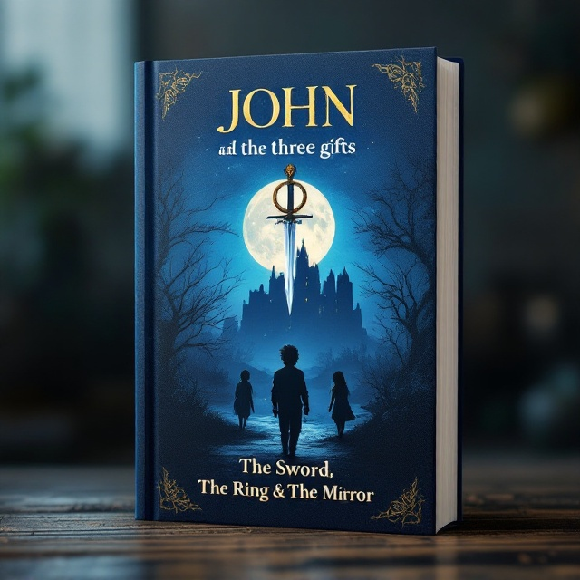 The cover features a predominantly blue background with a gradient that subtly shifts from a darker shade at the top to a lighter one at the bottom, suggesting the approach of dawn or dusk. A silhouette of a young boy, slightly left of center, walks resolutely toward a distant, forbidding castle under a skulking moon. Flanking him are the faint impressions of his companions, a swordsman on the left and a young girl on the right. Above them, close to the top, an intricate symbol is centered that consists of a rapier sword, from which an ornate ring hangs, while a vintage hand mirror captures light.