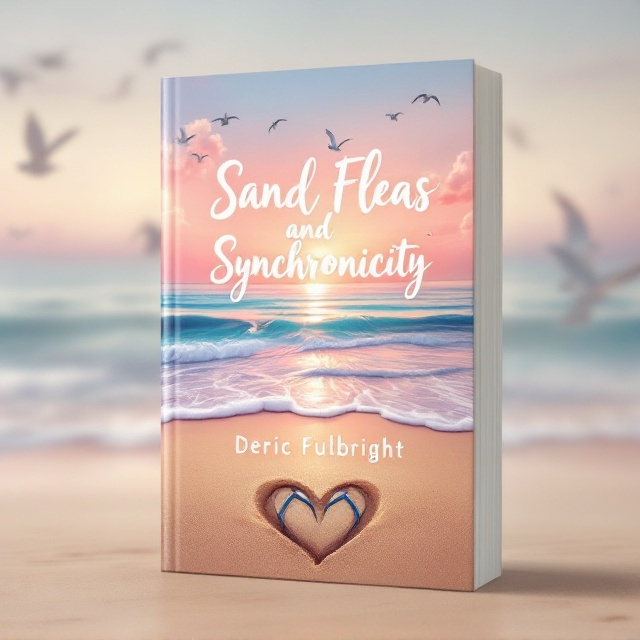 An illustration of a serene beach setting at sunset with gentle waves lapping against the shore. In the foreground, a pair of sandals are playfully intertwined with sand forming a subtle heart shape. Above, seagulls fly against a backdrop of soft pink and orange hues, hinting at a feeling of destiny and togetherness.