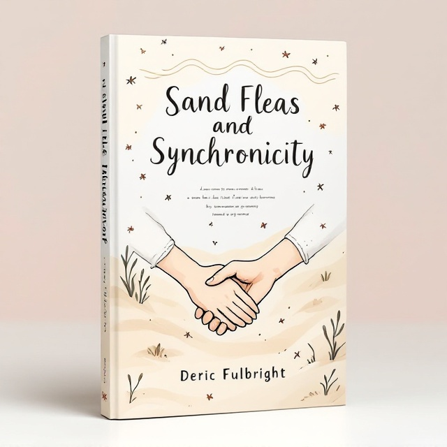 A whimsical hand-drawn scene depicting a small coastal setting with sand dunes in the background and tiny illustrated sand fleas scattered playfully across the cover. In the foreground, a pair of intertwined hands symbolizes love and connection, with delicate lines suggesting synchronicity with the rhythmic wave pattern drawn just above them. The overall color palette is soft pastels, evoking a feeling of warmth and tenderness.
