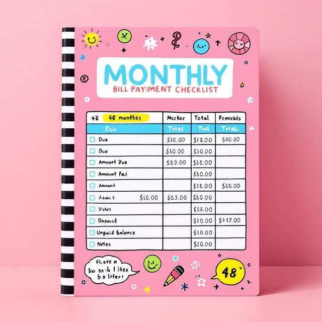 The cover features a playful pink background accentuated by a bold black-and-white striped border on the left side that mimics the edge of a notebook. In the center, there's a colorful table with playful doodles and annotations. Columns are clearly labeled with Due Date, Amount Due, Amount Paid, Unpaid Balance, and Notes. Blue and black text fills the table, with quirky handwritten notes in red adding personality. The top of the cover showcases "Monthly Bill Payment" in a white bar across a pink backdrop. On the bottom, totals are displayed within cheerful yellow, green, and pink circles, accompanied by decorative elements like little checkmarks and amusing notes.