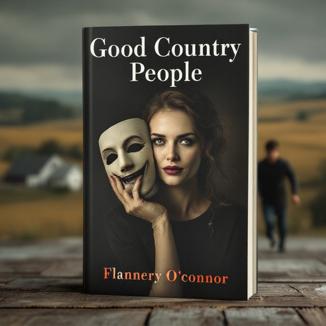 The cover features a striking close-up of a woman holding a half-mask with an eerie smile, juxtaposing with her somber expression. Her prosthetic leg is subtly visible, hinting at her hidden stories. In the background, a country landscape with rolling fields and a blurred farmhouse can be seen. A man, caught mid-motion, is running away, adding a sense of urgency and mystery, shrouded slightly by the darkness of the scene.