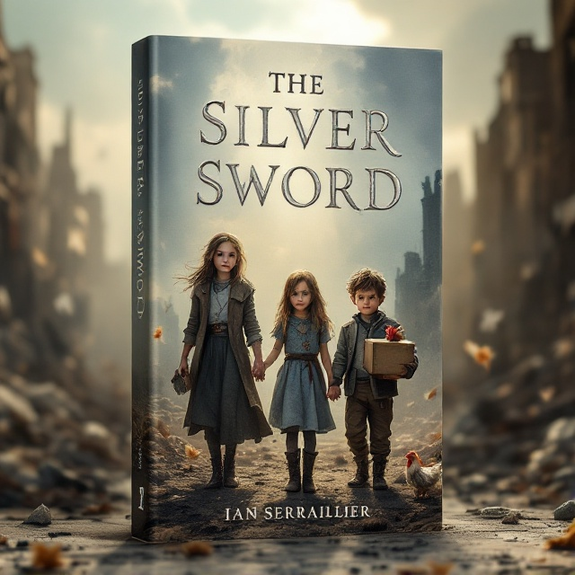 A hauntingly beautiful scene where an older girl holds the hand of a younger girl, both looking forward with determination. Next to them, a boy, proud yet wary, clutches a box while the shadow of a flapping chicken adds movement to the composition. The backdrop is a war-torn city, with derelict buildings and rubble suggesting past devastation, yet rays of sunlight peek through clouds, symbolizing hope.