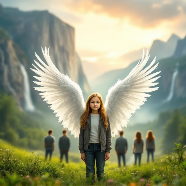 The cover features a serene yet powerful scene at dawn, with a breathtaking landscape of cascading waterfalls and majestic mountains in the distance. The foreground showcases a lush, green meadow where a 10-year-old girl with striking white feathered wings stands confidently. Her eyes look forward, towards the reader, with determination. Behind her, slightly blurred yet distinct, is a group of five people dressed in matching shirts and pants, symbolizing unity and support. The dawn light casts a warm glow over the scene, adding an ethereal and hopeful touch.