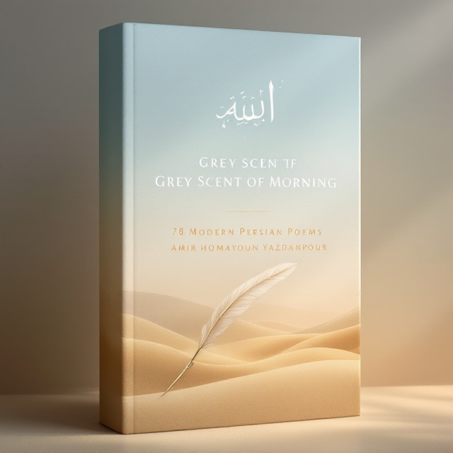 An ethereal cover featuring a gradient background transitioning from a soft Persian blue at the top to a warm sandy gold at the bottom. Centered at the top is an elegant, minimalistic illustration of Persian calligraphy, delicately positioned beside a symbolic Persian poet's quill. The imagery seamlessly integrates with the gradient to maintain a balance that doesn't overshadow the text elements.