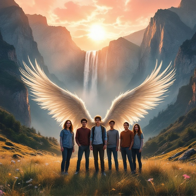 The cover features a breathtaking scene with majestic waterfalls cascading down rugged mountains illuminated by the soft, golden light of dawn. In the foreground, a grassy meadow gently slopes into view, where a 10-year-old girl with striking white feathered wings stands confidently. Surrounding her are five other characters, all wearing shirts and pants, each positioned slightly apart but clearly forming a united front. The sky is painted in hues of pink and orange, casting a serene yet adventurous atmosphere over the group.