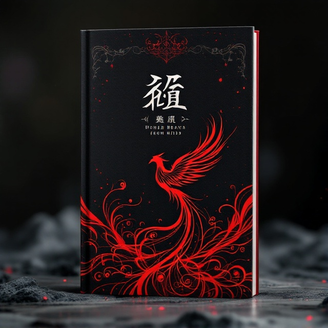 A background of deep, dark shades—almost black resembling the night sky—intersected by vivid, flowing streaks of cinnabar red. In the center, a silhouette of a mythical phoenix rebirthing from ashes, its outline subtle yet dramatic. The overall design is wreathed in a delicate mist adding an air of mysticism.